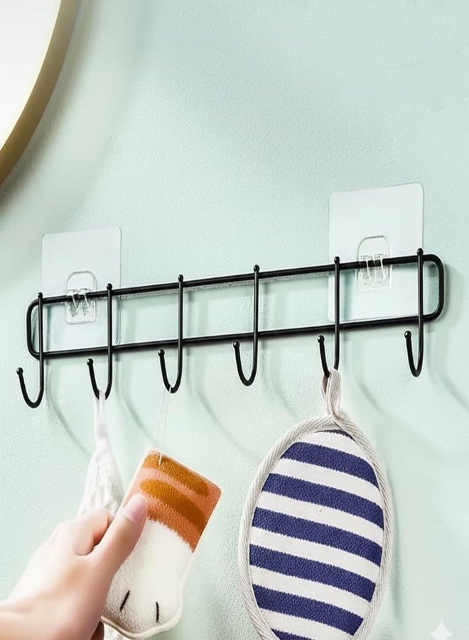 KYMIO Heavy Duty Adhesive Wall Hooks Rack | No Drill Multipurpose Kitchen & Bathroom Organizer | Strong Self Adhesive Hanging Hooks for Towels, Utensils, Clothes, Bags (Black, 6 Hooks) - Image 1