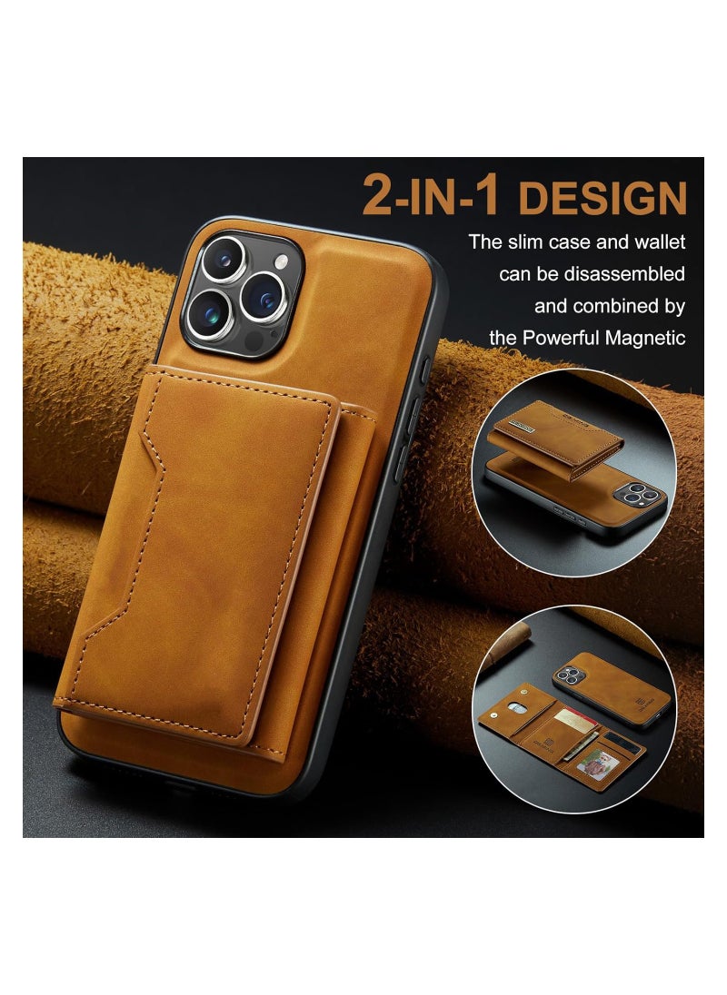 KASTWAVE - Leather Wallet Phone Cases for iPhone 15 Pro Max, 6.7'' 2 in 1 Leather Phone Case Back Cover Magnetic Detachable with Trifold Wallet Card Holder Pocket Detachable Back Cover (Brown) - Image 1