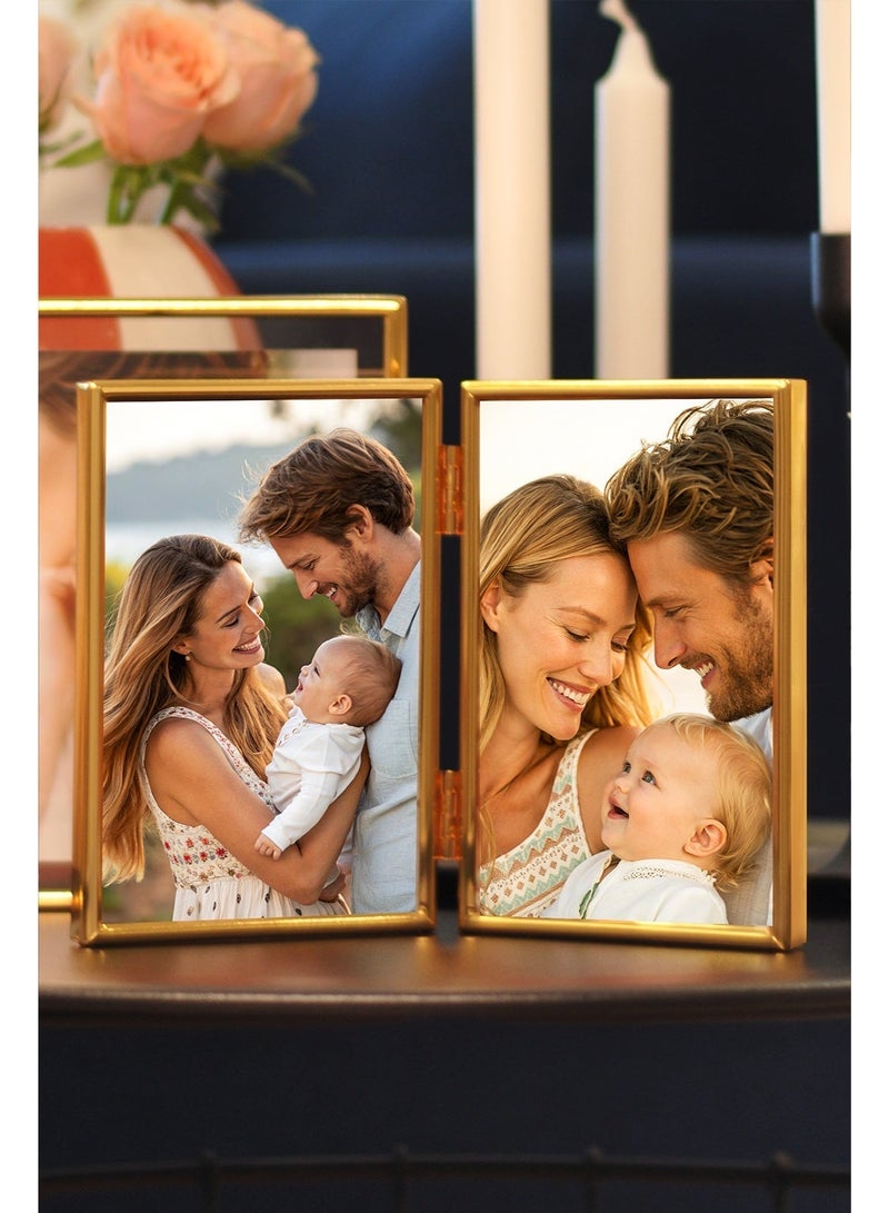 4x6 Double Photo Frame for Photo Sizes 2.5×3.5'', 3.5×5'', 4×6'', Gold Floating Picture Frame, Hinged Folding Metal Photo Frames with Real Glass, Tabletop/shelves Photo Frame for Multiple Size, for Home Decor or Gift Item - Image 1