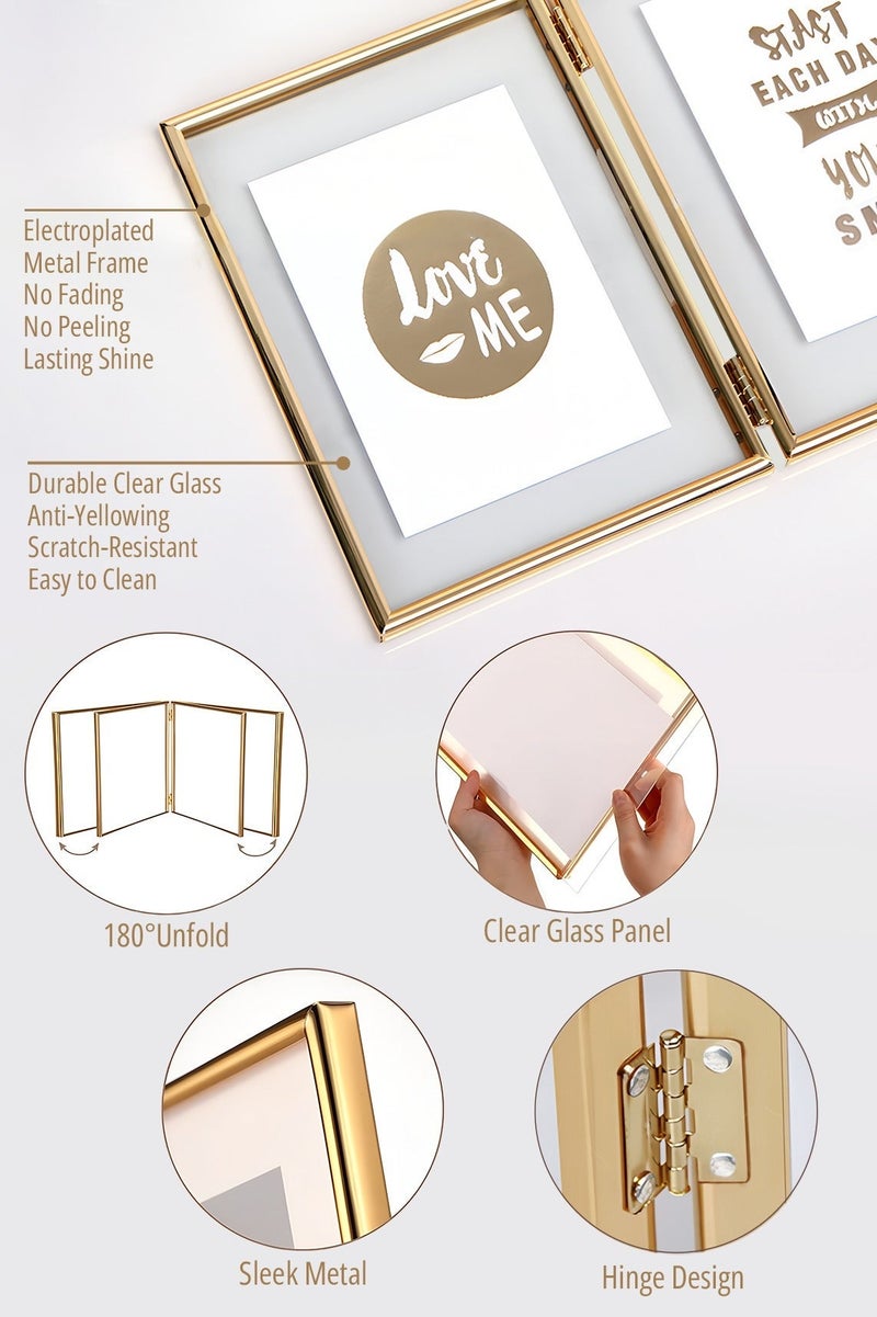 4x6 Double Photo Frame for Photo Sizes 2.5×3.5'', 3.5×5'', 4×6'', Gold Floating Picture Frame, Hinged Folding Metal Photo Frames with Real Glass, Tabletop/shelves Photo Frame for Multiple Size, for Home Decor or Gift Item - Image 5