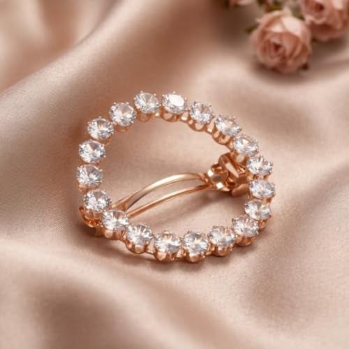Accessher Rose Gold Round Hair Barettes | Crystal Hair Clip with Zircon Stones | Hair Accessories for Women & Girls Pack of 1 - Image 2