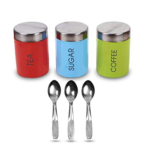 VISAXMI® Stainless Steel Tea Sugar Coffee Container Set of 3 | Tea Sugar Canister | Steel Canister Set for kitchen With 3 Spoons | Steel Containers (Pack of 3, Multicolor) - Image 5