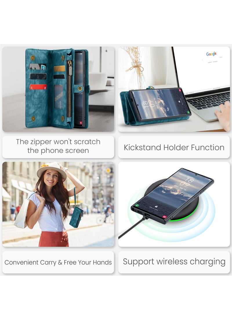 CaseMe For Samsung Galaxy S24 Ultra Wallet Case, Zipper Purse Folio Leather Wallet with Card Holder Wrist Strap, 2-in-1 Detachable Magnetic Shockproof Full Body Protective Back Cover  - Image 4