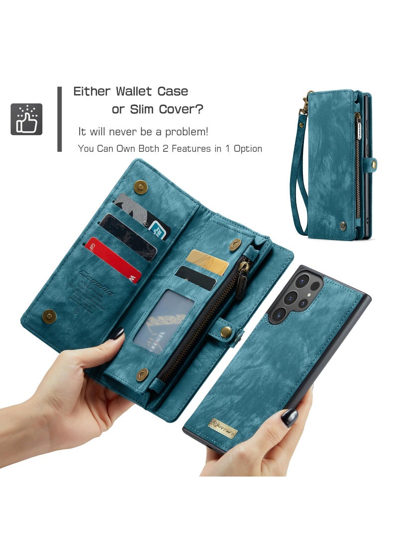 CaseMe For Samsung Galaxy S24 Ultra Wallet Case, Zipper Purse Folio Leather Wallet with Card Holder Wrist Strap, 2-in-1 Detachable Magnetic Shockproof Full Body Protective Back Cover  - Image 3