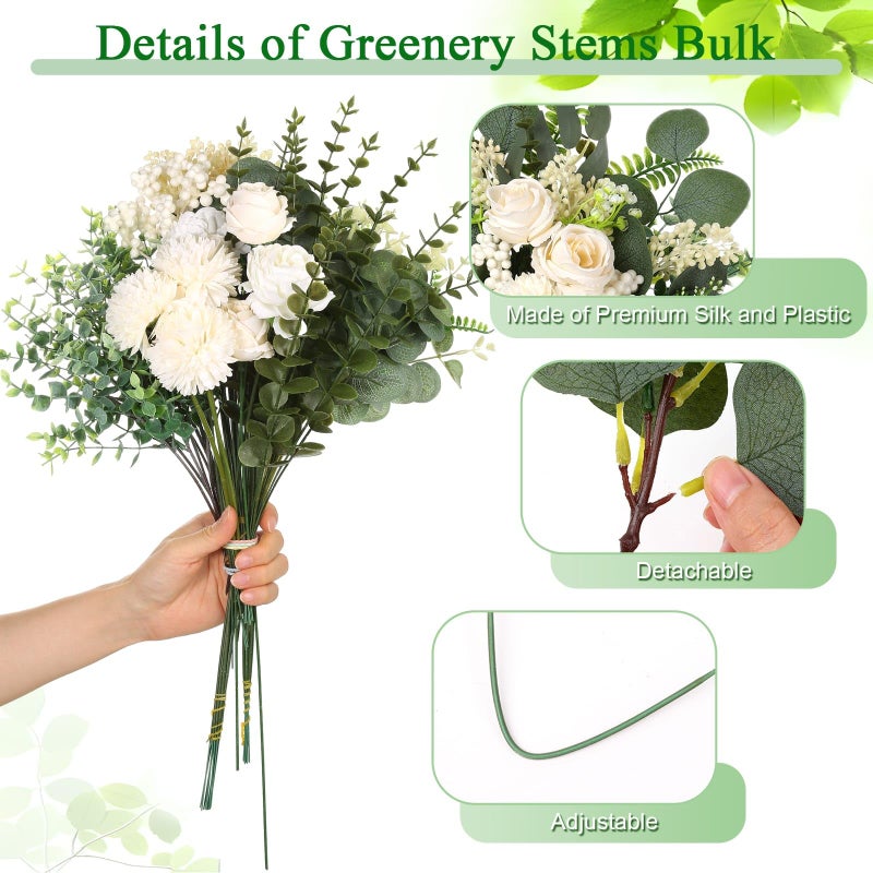 Dexpinzo 120Pcs 15 Kinds Mixed Artificial Eucalyptus Leaves Stems and Faux Flowers Bulk, Fake Silver Dollar Eucalyptus Bundle Plants Greenery Branches for Wedding Vase Bouquets Floral Arrangement Home Decor - Image 5