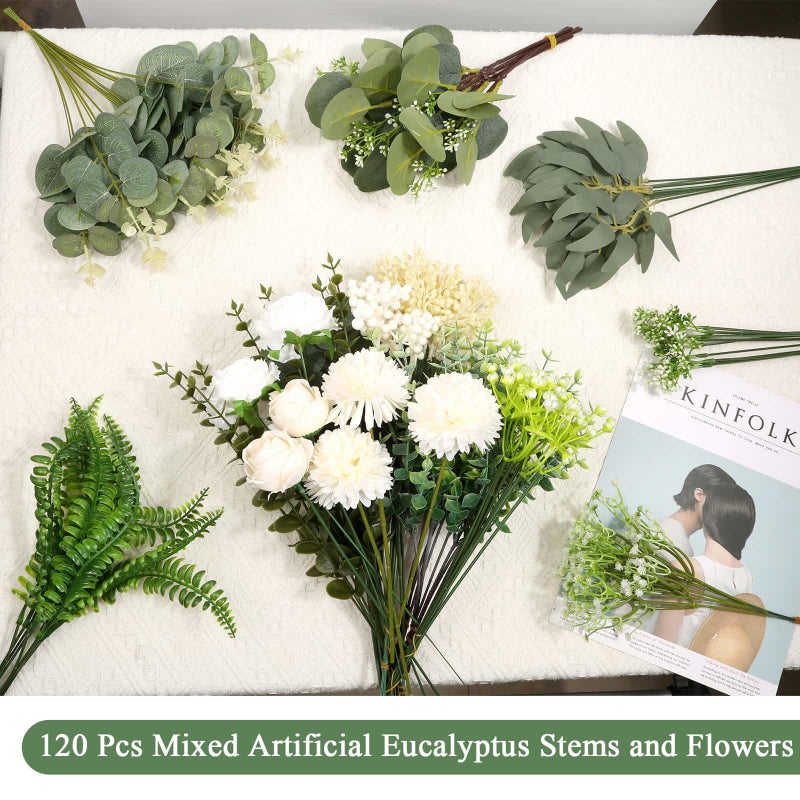 Dexpinzo 120Pcs 15 Kinds Mixed Artificial Eucalyptus Leaves Stems and Faux Flowers Bulk, Fake Silver Dollar Eucalyptus Bundle Plants Greenery Branches for Wedding Vase Bouquets Floral Arrangement Home Decor - Image 4