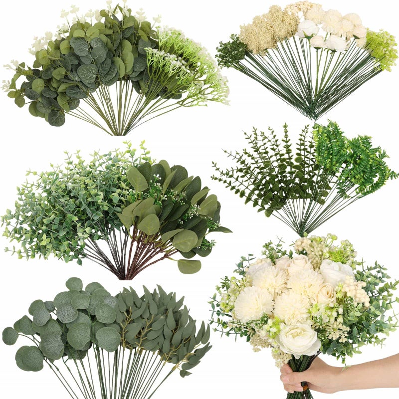 Dexpinzo 120Pcs 15 Kinds Mixed Artificial Eucalyptus Leaves Stems and Faux Flowers Bulk, Fake Silver Dollar Eucalyptus Bundle Plants Greenery Branches for Wedding Vase Bouquets Floral Arrangement Home Decor - Image 1