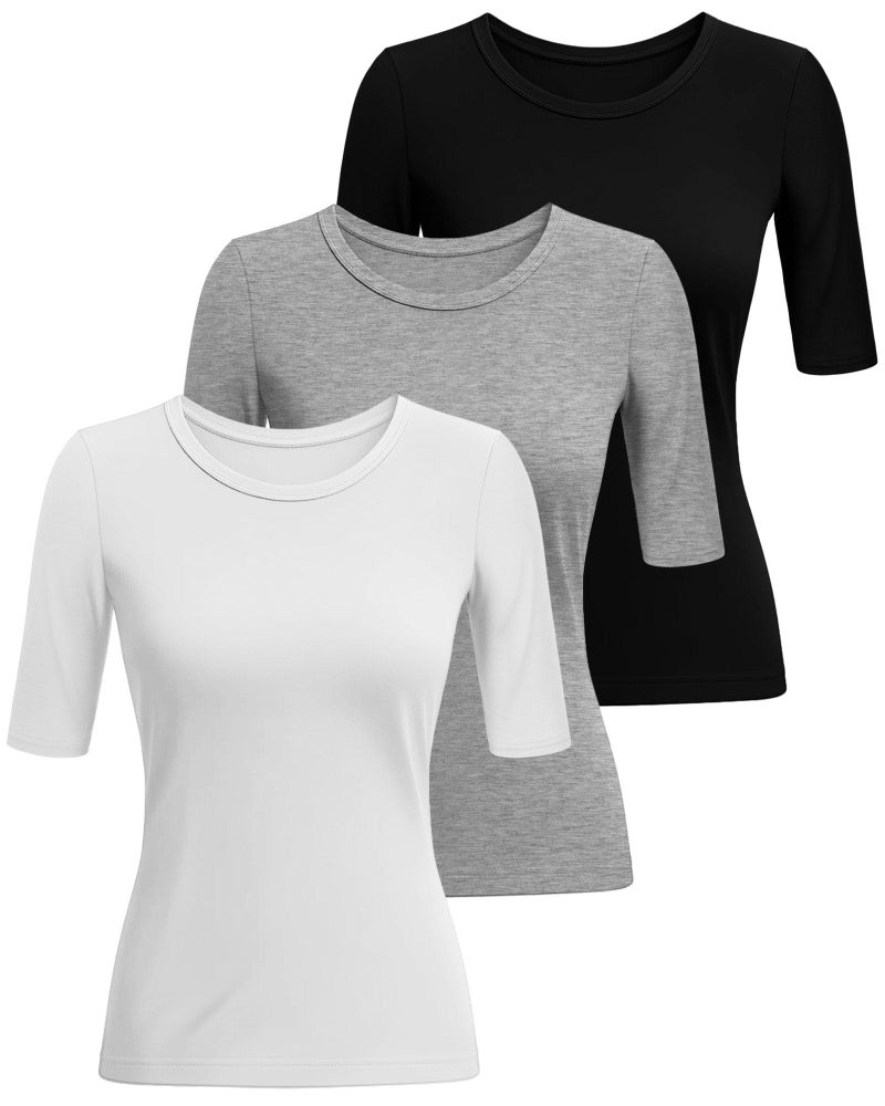 Riyiper 3 Pack Women's Half Sleeve Tops Crewneck 1/2 Sleeve T Shirts Elbow Length Tops Slim Fit Cotton Blend Basic Tees(Black, White, Light Gray,L) - Image 3