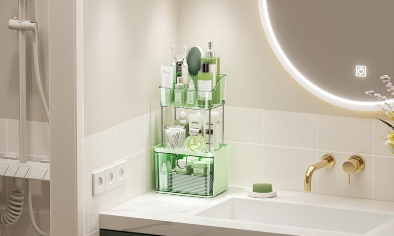Dravina 3-Tier Makeup Organizer Storage Box | Vanity Tray for Cosmetics, Skincare Organizers, Stationery & Countertop Storage | Bathroom & Dressing Table Organizer, Ideal Gift for Women, Green, 35cm - Image 1