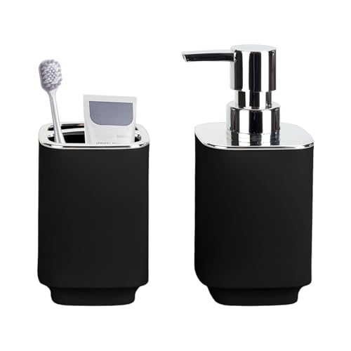 RRM Black Bathroom Accessories 2 Pieces, Soap Dispenser and Toothbrush Holder Set for Boho Bathroom - Image 1