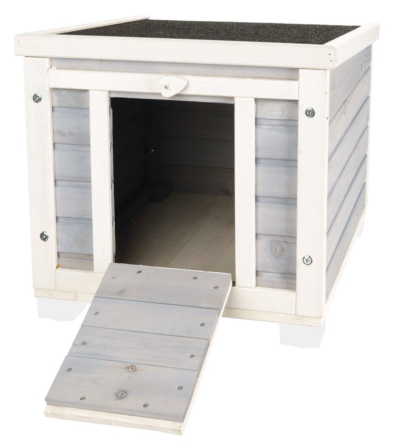 TRIXIE Small Outdoor Cat House, Weatherproof Cat Home with Raised Floor, Hinged Asphalt Roof & Covered Opening, Outdoor Shelter for Cats and Small Animals, Gray & White Fir Wood - Image 3