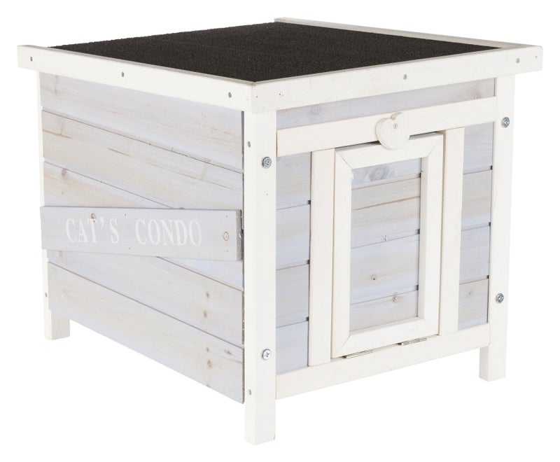 TRIXIE Small Outdoor Cat House, Weatherproof Cat Home with Raised Floor, Hinged Asphalt Roof & Covered Opening, Outdoor Shelter for Cats and Small Animals, Gray & White Fir Wood - Image 1