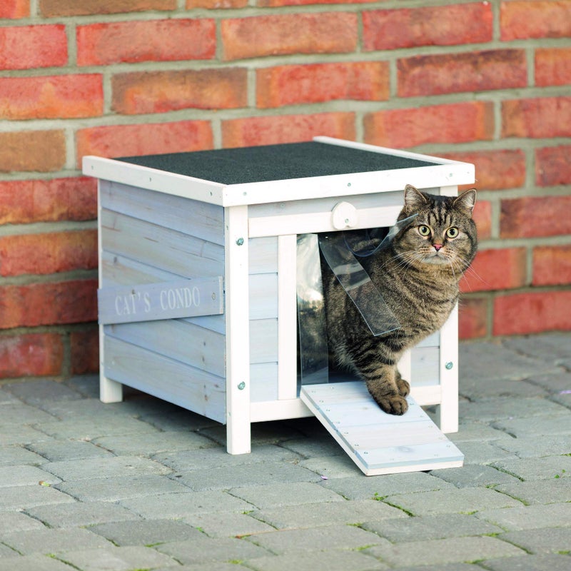 TRIXIE Small Outdoor Cat House, Weatherproof Cat Home with Raised Floor, Hinged Asphalt Roof & Covered Opening, Outdoor Shelter for Cats and Small Animals, Gray & White Fir Wood - Image 2