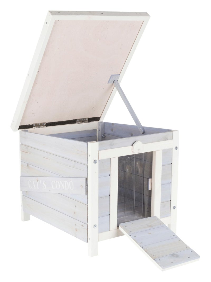 TRIXIE Small Outdoor Cat House, Weatherproof Cat Home with Raised Floor, Hinged Asphalt Roof & Covered Opening, Outdoor Shelter for Cats and Small Animals, Gray & White Fir Wood - Image 4