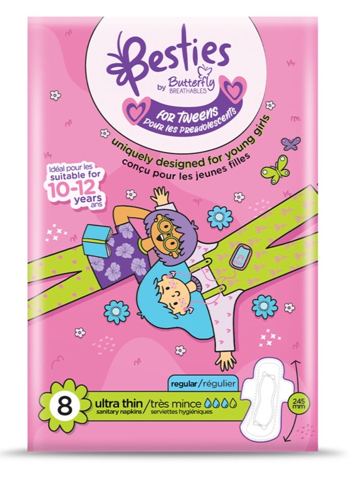 BUTTERFLY Butterfly Breathables Besties for tweens Ultra thin Sanitary Pads, Suitable for 10 - 12 years - 8 Count  - Image 1