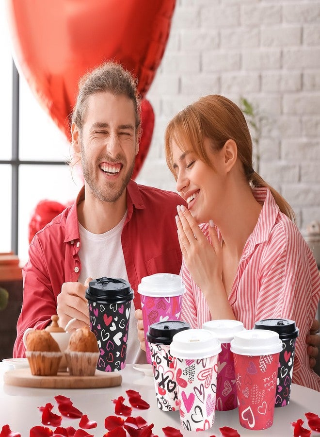 Pascliyna 100Set Valentines Disposable Coffee Cups with Lids 12oz, Pink Black Heart Print Disposable Paper Cups, 5 Styles Valentines Cups for Hot Chocolate Cold Drinks Wedding Valentines D ay Party Supplies - Image 5