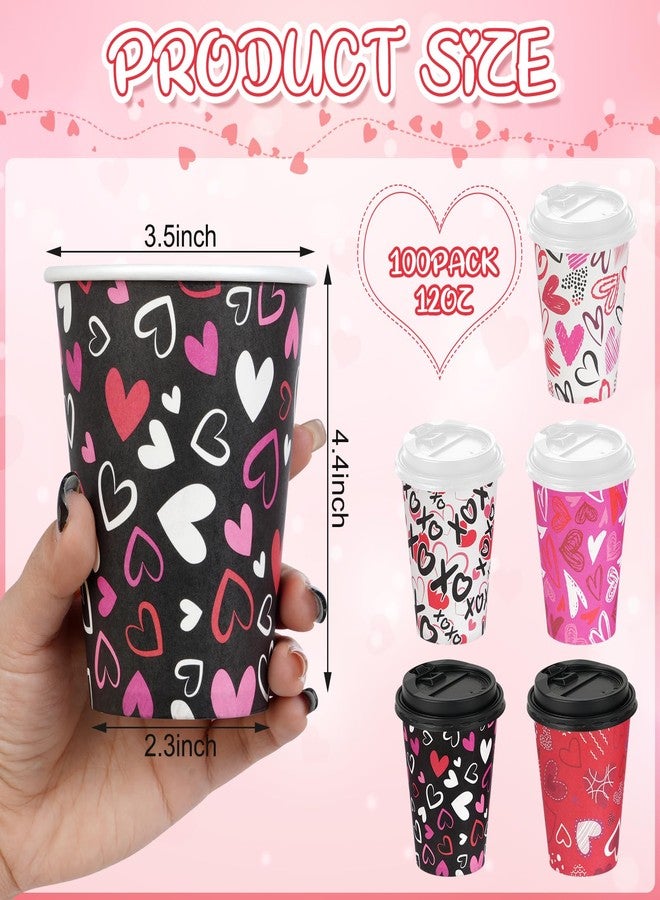 Pascliyna 100Set Valentines Disposable Coffee Cups with Lids 12oz, Pink Black Heart Print Disposable Paper Cups, 5 Styles Valentines Cups for Hot Chocolate Cold Drinks Wedding Valentines D ay Party Supplies - Image 2
