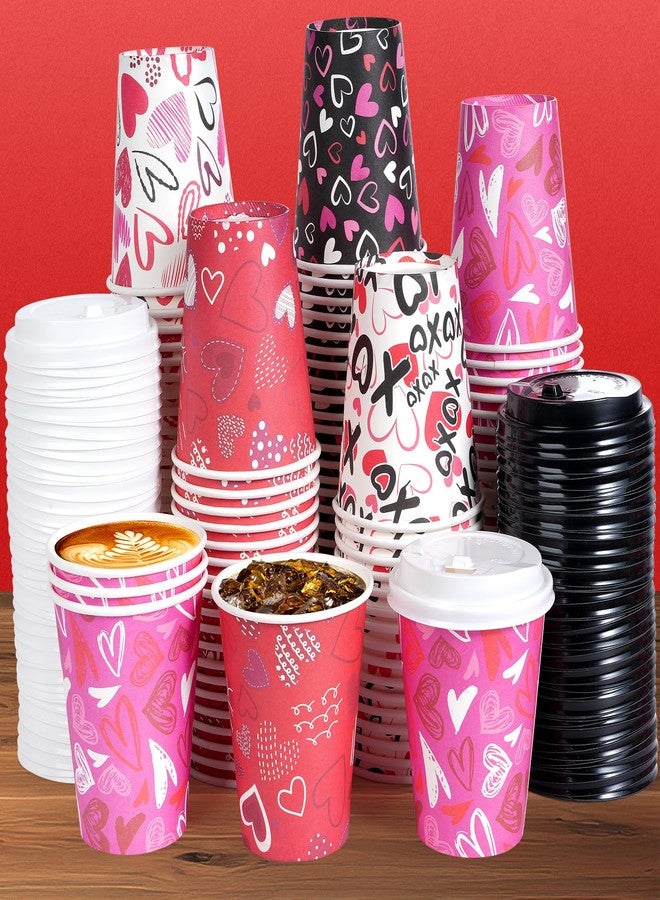Pascliyna 100Set Valentines Disposable Coffee Cups with Lids 12oz, Pink Black Heart Print Disposable Paper Cups, 5 Styles Valentines Cups for Hot Chocolate Cold Drinks Wedding Valentines D ay Party Supplies - Image 1