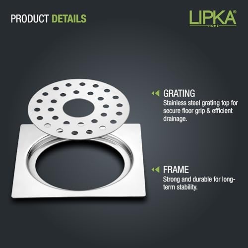 LIPKA 5 x 5 Inches Eon Square Flat Cut Plain Jali Floor Drain with Hole | Premium Stainless Steel | Floor Drain for Bathroom Silver - Image 4