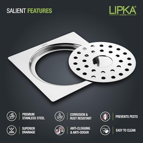 LIPKA 5 x 5 Inches Eon Square Flat Cut Plain Jali Floor Drain with Hole | Premium Stainless Steel | Floor Drain for Bathroom Silver - Image 3