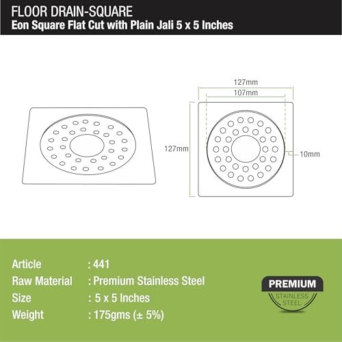 LIPKA 5 x 5 Inches Eon Square Flat Cut Plain Jali Floor Drain with Hole | Premium Stainless Steel | Floor Drain for Bathroom Silver - Image 2