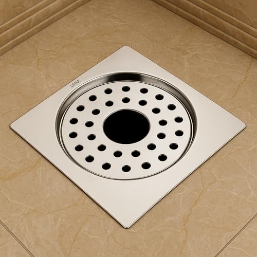 LIPKA 5 x 5 Inches Eon Square Flat Cut Plain Jali Floor Drain with Hole | Premium Stainless Steel | Floor Drain for Bathroom Silver - Image 1