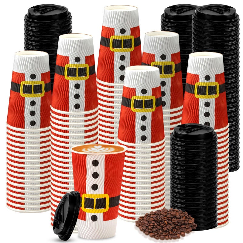 Suttmin 100 Set Christmas Coffee Cups with Lids Bulk 16 oz Disposable Paper Cup with Insulated Ripple Wall Santa Belt Cups for Beverages Espresso Tea Hot Drink Holiday Xmas Party