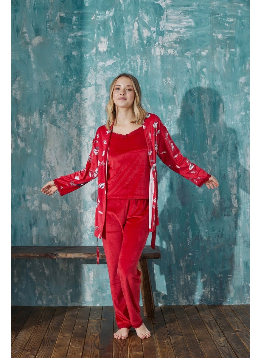 Bie's Women's Floral French Velvet Rope Strap Dressing Gown with Lace Detailed Pajamas Set of 3  - Image 1