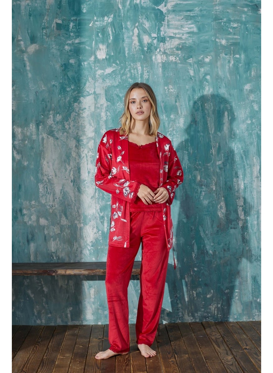 Bie's Women's Floral French Velvet Rope Strap Dressing Gown with Lace Detailed Pajamas Set of 3  - Image 2