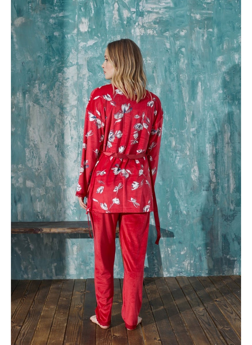 Bie's Women's Floral French Velvet Rope Strap Dressing Gown with Lace Detailed Pajamas Set of 3  - Image 4