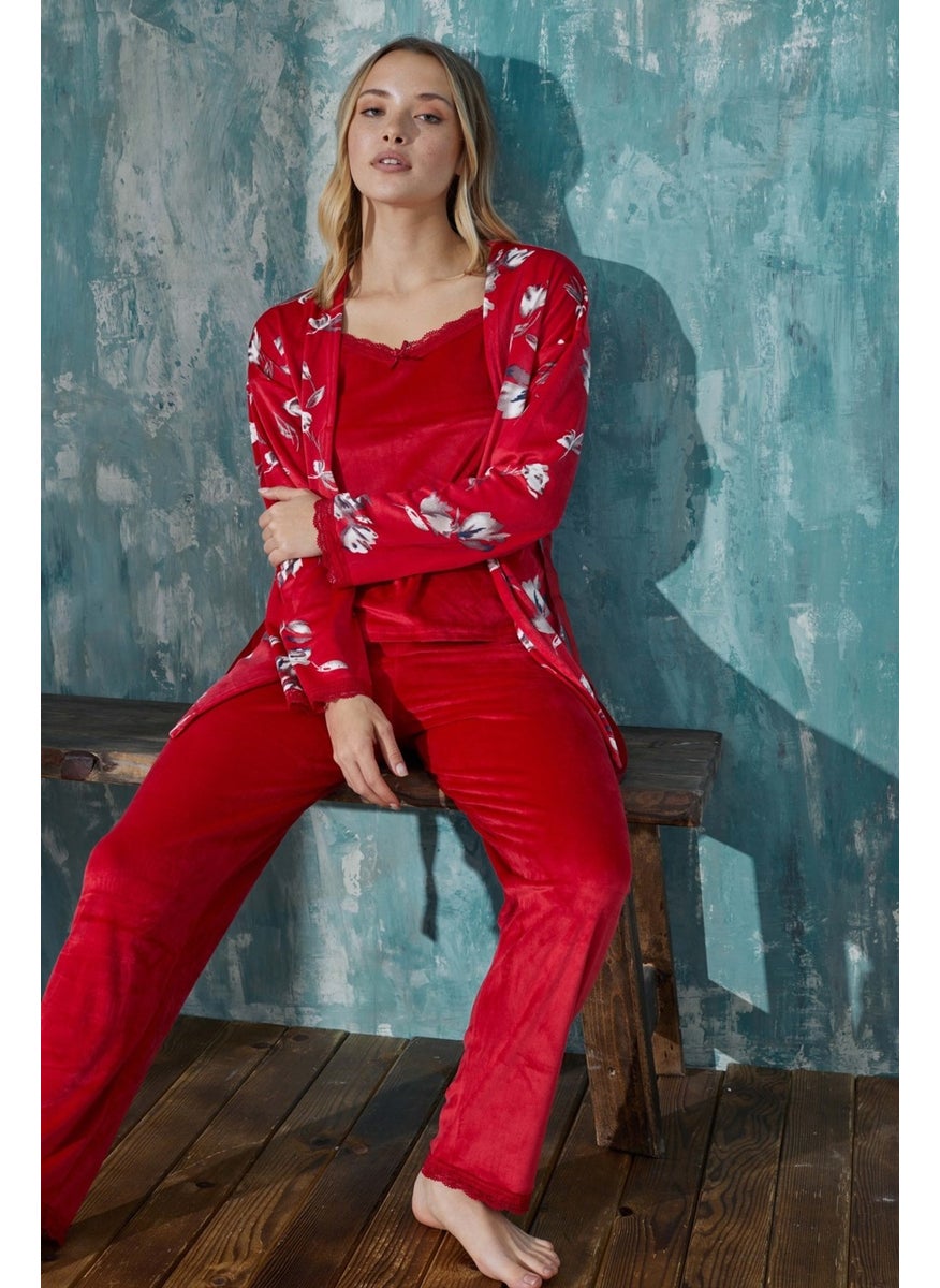 Bie's Women's Floral French Velvet Rope Strap Dressing Gown with Lace Detailed Pajamas Set of 3  - Image 5