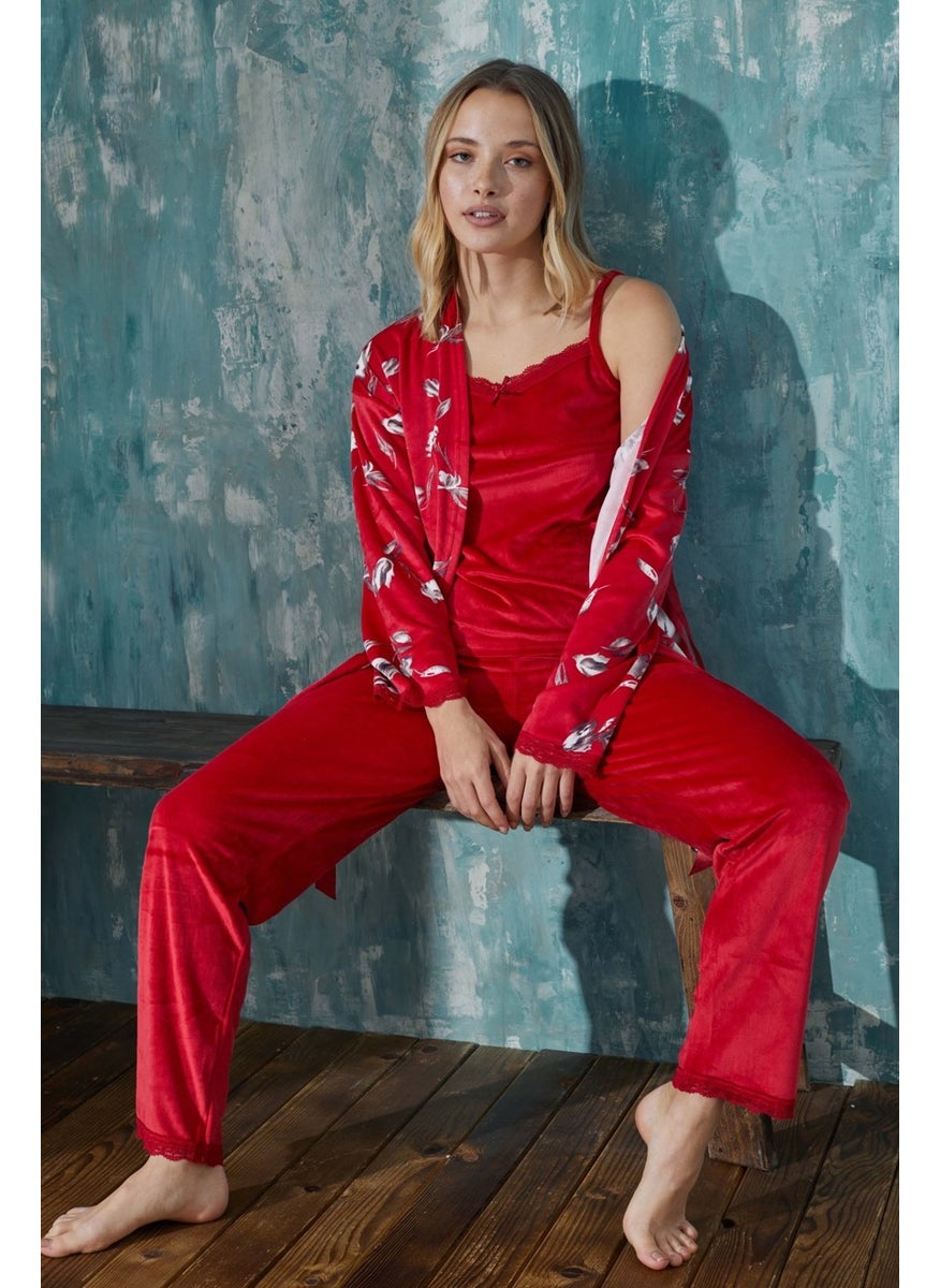 Bie's Women's Floral French Velvet Rope Strap Dressing Gown with Lace Detailed Pajamas Set of 3  - Image 3