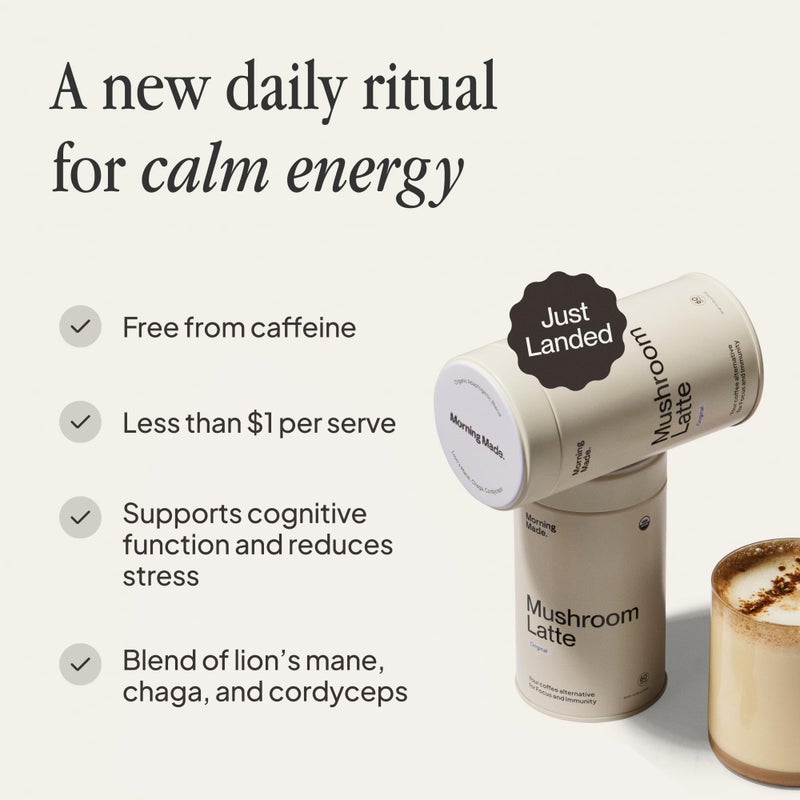 Morning Made Original Mushroom Latte Powder Mix | Organic Lion’s Mane, Chaga & Cordyceps Adaptogenic Blend, Caffeine-Free Coffee Alternative | Sweetened, Vegan, Gluten-Free, Low Sugar | 10.6oz (60 Serves) - Image 2