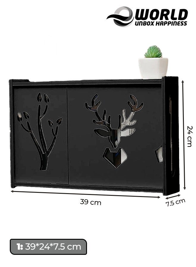 Eworld Stylish Wall-Mounted Router Rack for Wi-Fi Router, Set-Top Box, Light Cat Box, and More, Includes Doors and Patch Panel Shielding Box for Neat Storage, Black - Image 2