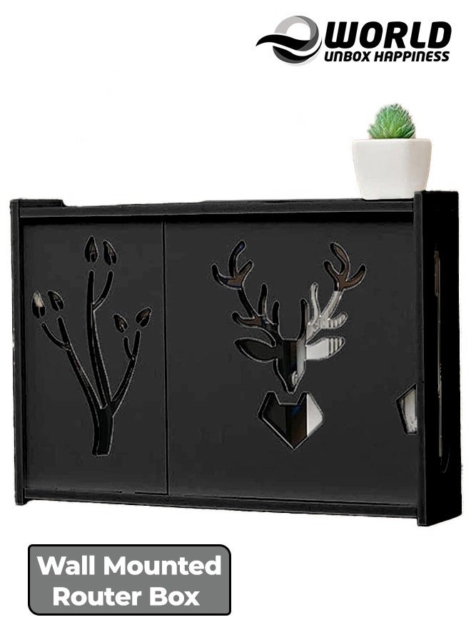 Eworld Stylish Wall-Mounted Router Rack for Wi-Fi Router, Set-Top Box, Light Cat Box, and More, Includes Doors and Patch Panel Shielding Box for Neat Storage, Black - Image 1
