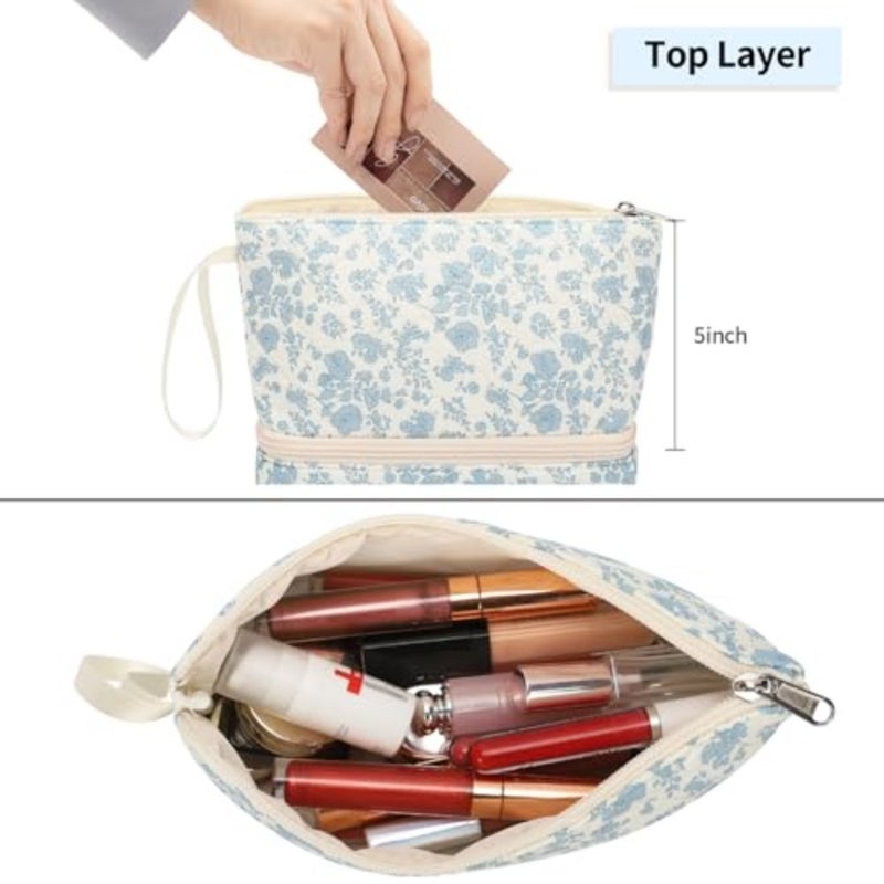 حقيبة مكياج صغيرة، حقيبة تنظيم مكياج للسفر مكونة من طبقتين مع حامل فرشاة مكياج، حقيبة مستحضرات تجميل محمولة للنساء/الفتيات، زهرة زرقاء - Image 3
