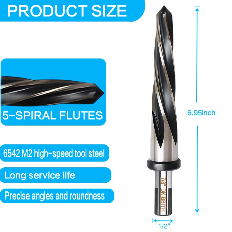 DKIBBITH 7/8â€ Bridge Construction Reamer Drill Bit, M2 HSS Taper Chucking Reamer for Steel Alloy Metal Wood Plastic, 1/2" Non-Slip Shank, 5-Spiral Flutes Car Reamer, to Align or Enlarge Holes, 22mm - Image 2
