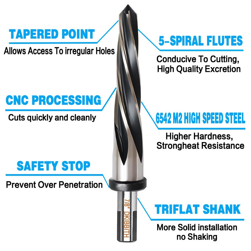 DKIBBITH 7/8â€ Bridge Construction Reamer Drill Bit, M2 HSS Taper Chucking Reamer for Steel Alloy Metal Wood Plastic, 1/2" Non-Slip Shank, 5-Spiral Flutes Car Reamer, to Align or Enlarge Holes, 22mm - Image 3