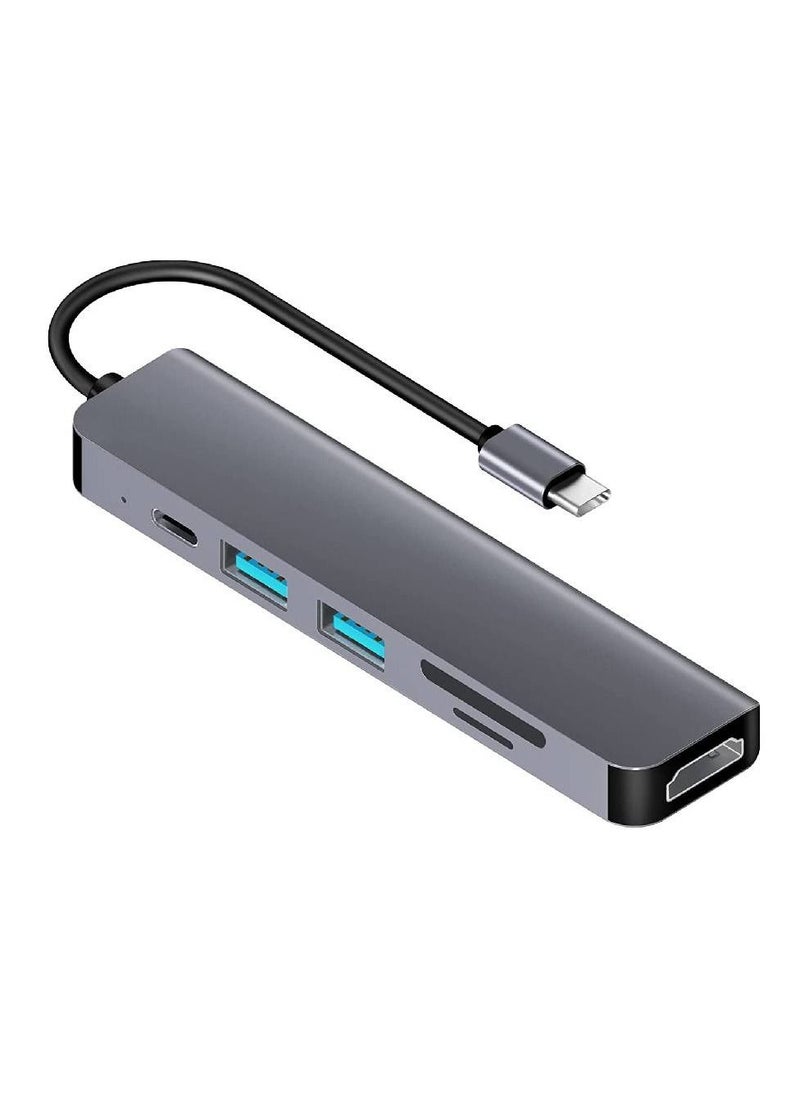 6 in 1 Type C to HDMI Multiport Adapter with HDMI 4K Output, 2 USB Ports, SD/TF Card Reader, USB-C Power Delivery