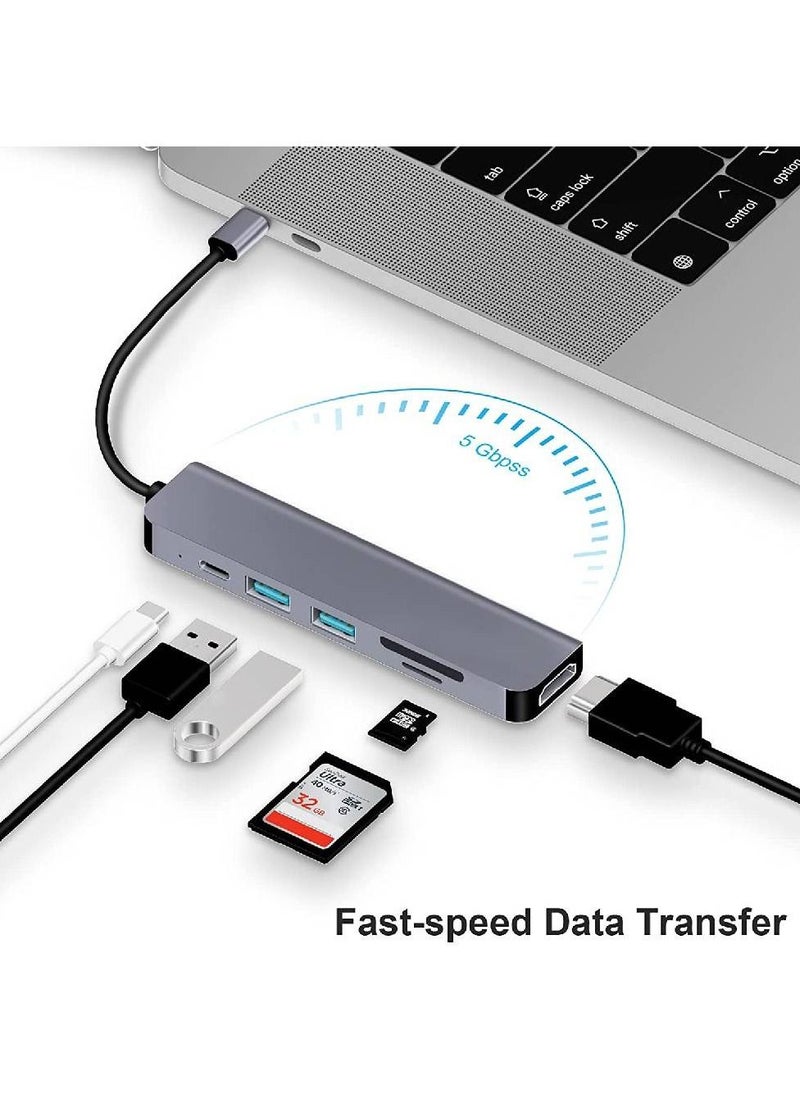 6 in 1 Type C to HDMI Multiport Adapter with HDMI 4K Output, 2 USB Ports, SD/TF Card Reader, USB-C Power Delivery