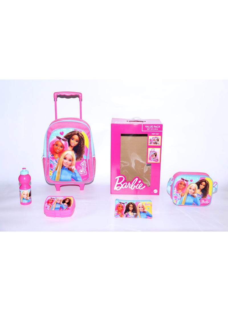 Barbie Barbie 5 in 1 Value Pack (16" Trolley Bag with Lunch Box, Lunch bag, Water Bottle and Pencil Case) - Image 1
