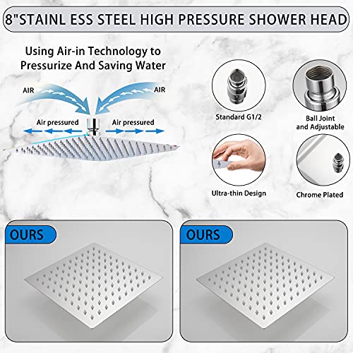 GGStudy Square 8 Inch Square Stainless Steel Shower Head - Rain Style Shower Head Chrome - Image 3