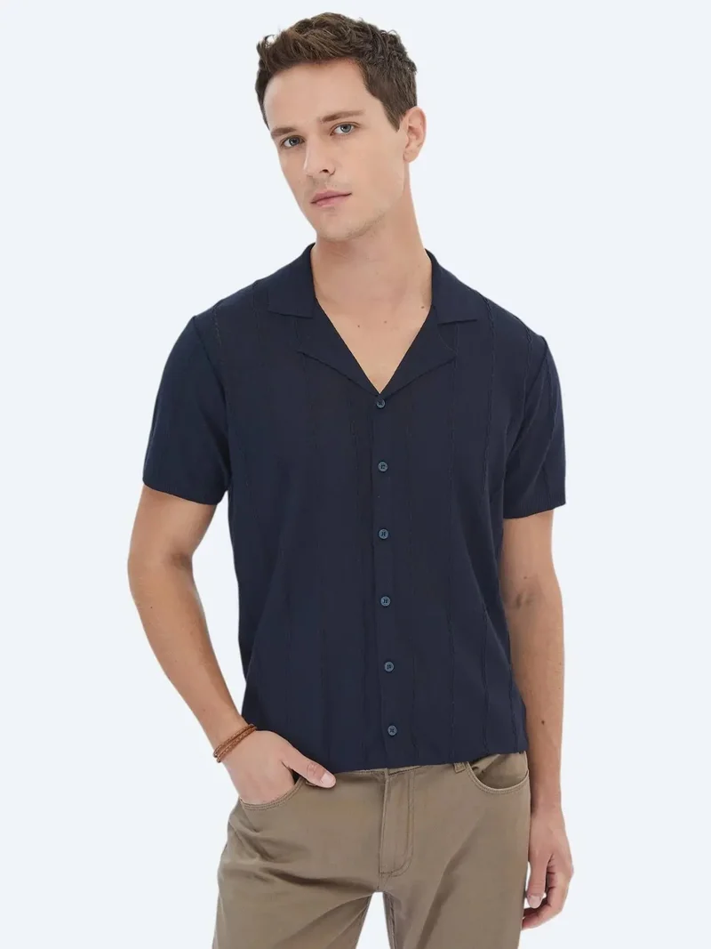 Kip Navy Blue Regular Fit Knitting Casual Shirt