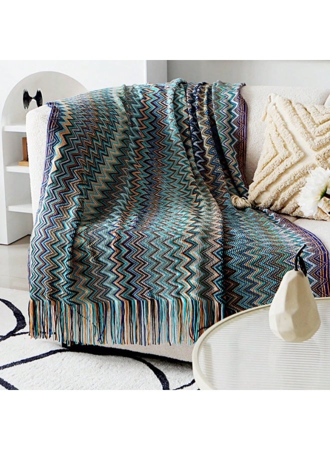 Boho Chevron Throw Blanket – Soft Woven Sofa & Bed Blanket with Tassels – Blue – 160 × 120 cm - Image 4