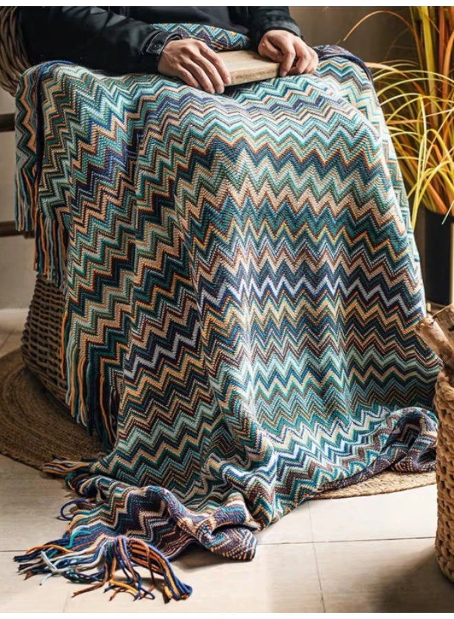 Boho Chevron Throw Blanket – Soft Woven Sofa & Bed Blanket with Tassels – Blue – 160 × 120 cm - Image 1