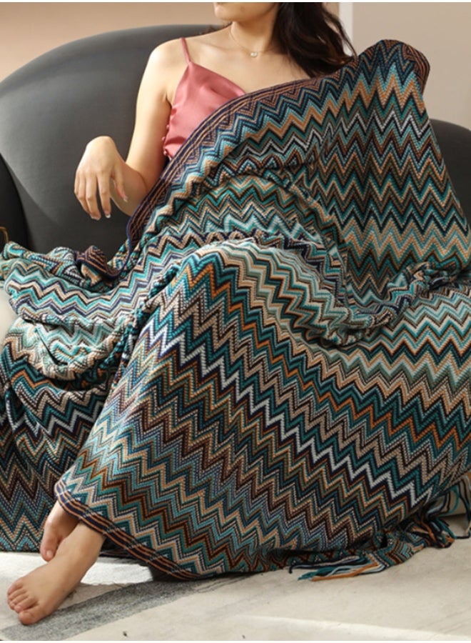 Boho Chevron Throw Blanket – Soft Woven Sofa & Bed Blanket with Tassels – Blue – 160 × 120 cm - Image 2