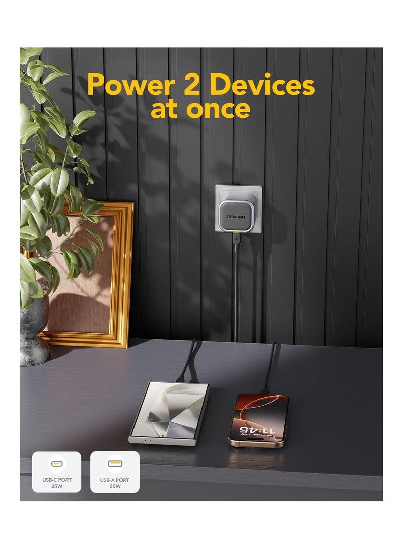 Remson Neo Power 35W Mini GaN Wall Charger QC 3.0 PD Dual Ports USB-C/ USB-A Foldable Plug with Fast Charging Indicator Compatible with iPhone, iPad, Samsung, Huawei, Xiaomi - Image 2