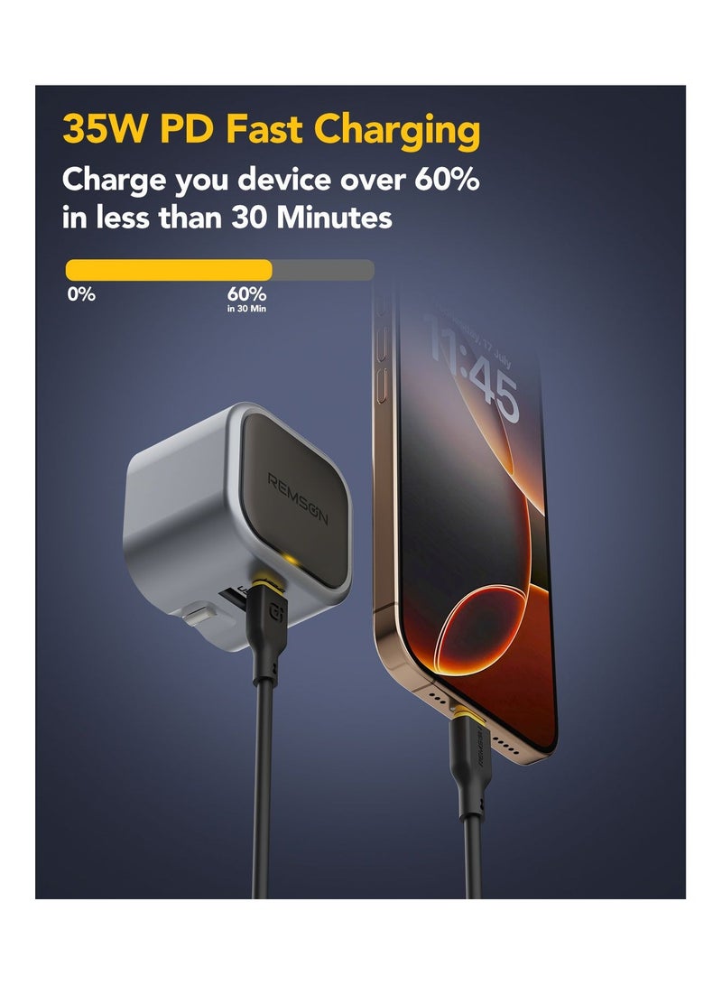 Remson Neo Power 35W Mini GaN Wall Charger QC 3.0 PD Dual Ports USB-C/ USB-A Foldable Plug with Fast Charging Indicator Compatible with iPhone, iPad, Samsung, Huawei, Xiaomi - Image 5