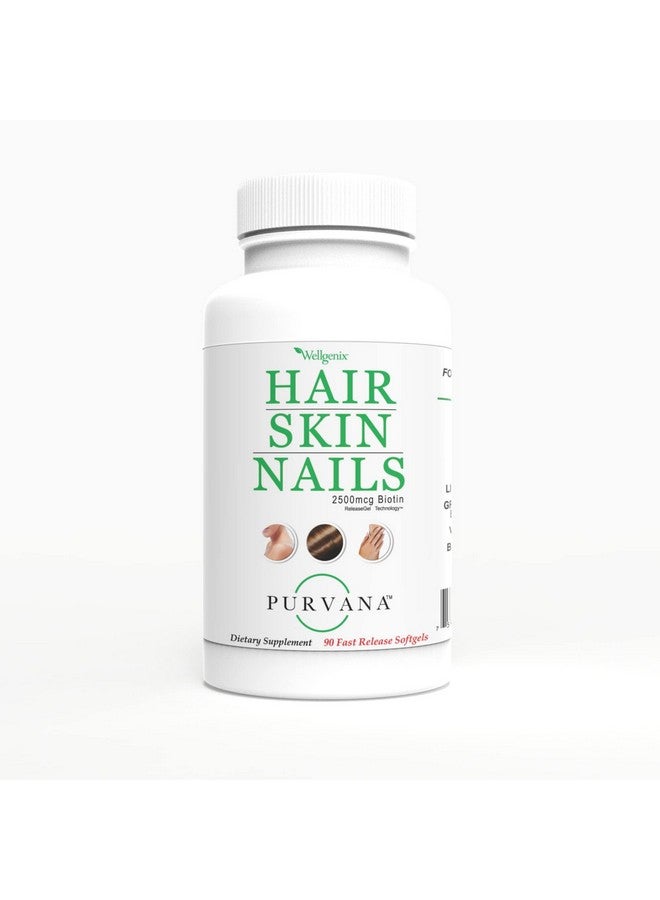 wellgenix Purvana Hair Skin And Nails Vitamin Softgels For High Absorption Double Strength 2500Mcg Biotin Vit A & B Folic Acid Grape Seed Extract Herbal Supplement (90 Count) - Image 1