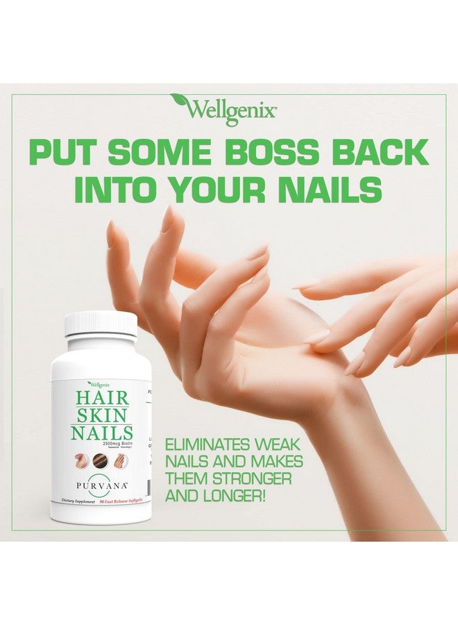 wellgenix Purvana Hair Skin And Nails Vitamin Softgels For High Absorption Double Strength 2500Mcg Biotin Vit A & B Folic Acid Grape Seed Extract Herbal Supplement (90 Count) - Image 3